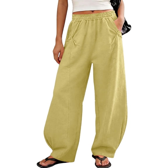 Costeam Womens Textured Linen Blend Harem Cropped Pants Dual Side Curved Patch Pockets Full Elastic Drawstring Waist Loose Baggy Fit Casual Relaxed Ankle Trousers