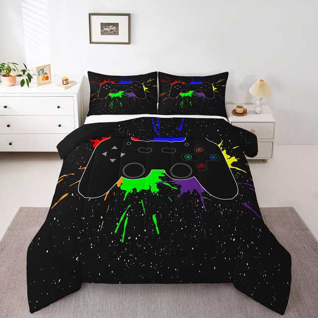 Erosebridal Young Gaming Game Bedding Queen Comforter Set, Graffiti Gamepad Pattern Down Comforter, Hippie Splash Bedroom Decor, Reversible 3 Pieces