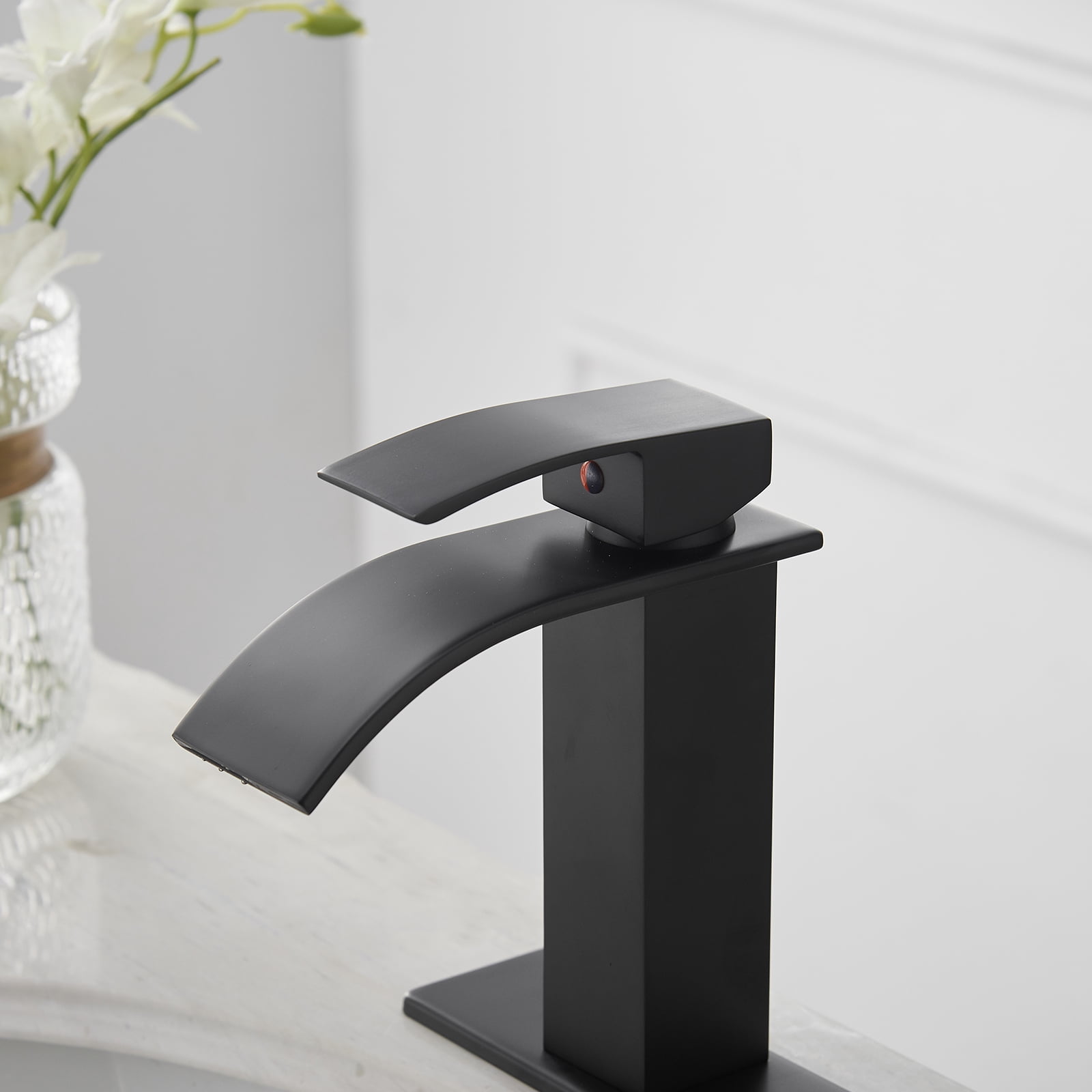 BWE Matte Black Bathroom Faucet Modern Waterfall Single Hole Faucet for Bathroom Sink Single Handle with Pop Up Drain with Overflow Assembly and Supply Line Lavatory Bath Faucet