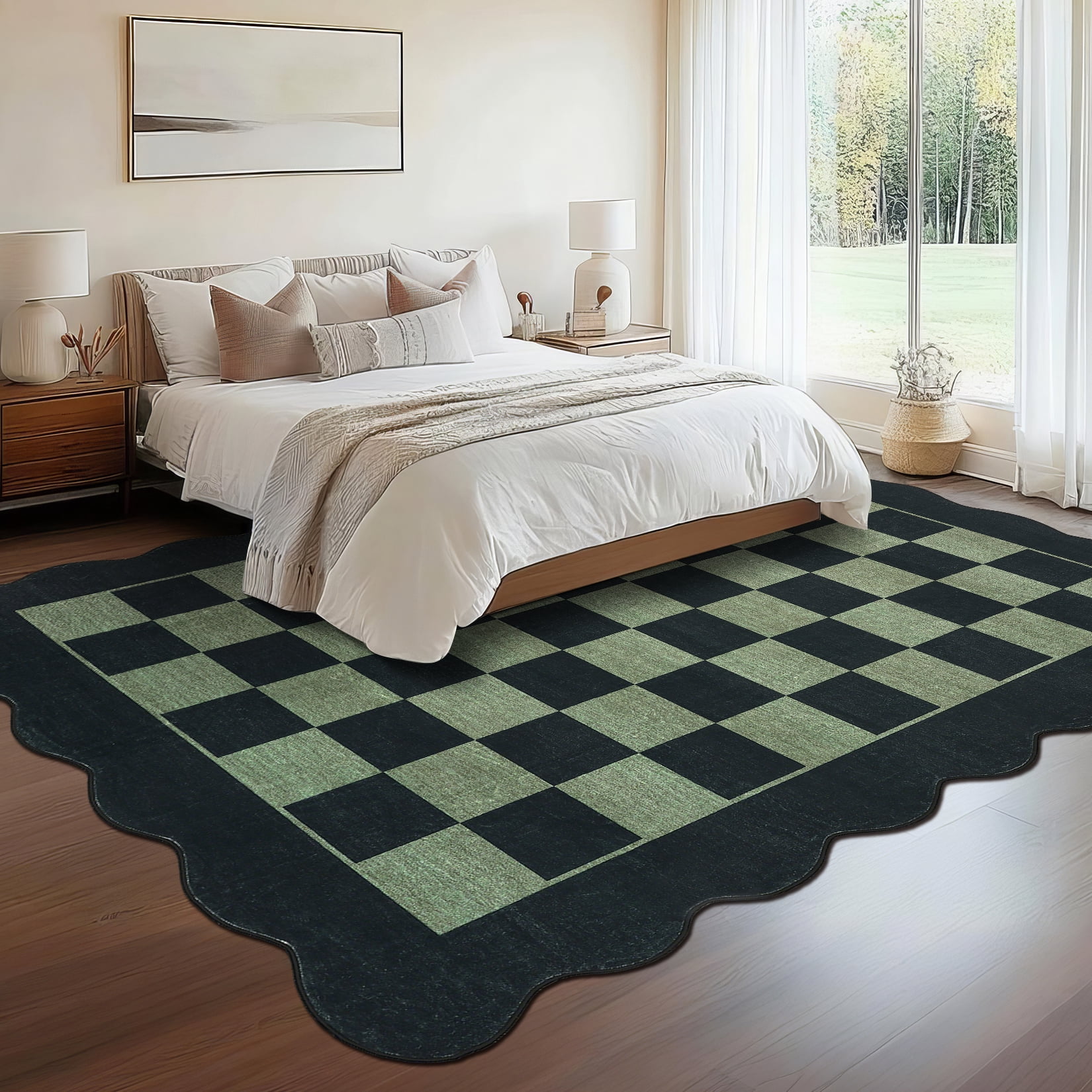Garvee 5'x7' Scalloped Area Rugs Modern Checkered Carpet, Washable Non-Slip Rug Contemporary Floor Mats for Living Room Bedroom Dining Room, Black Green