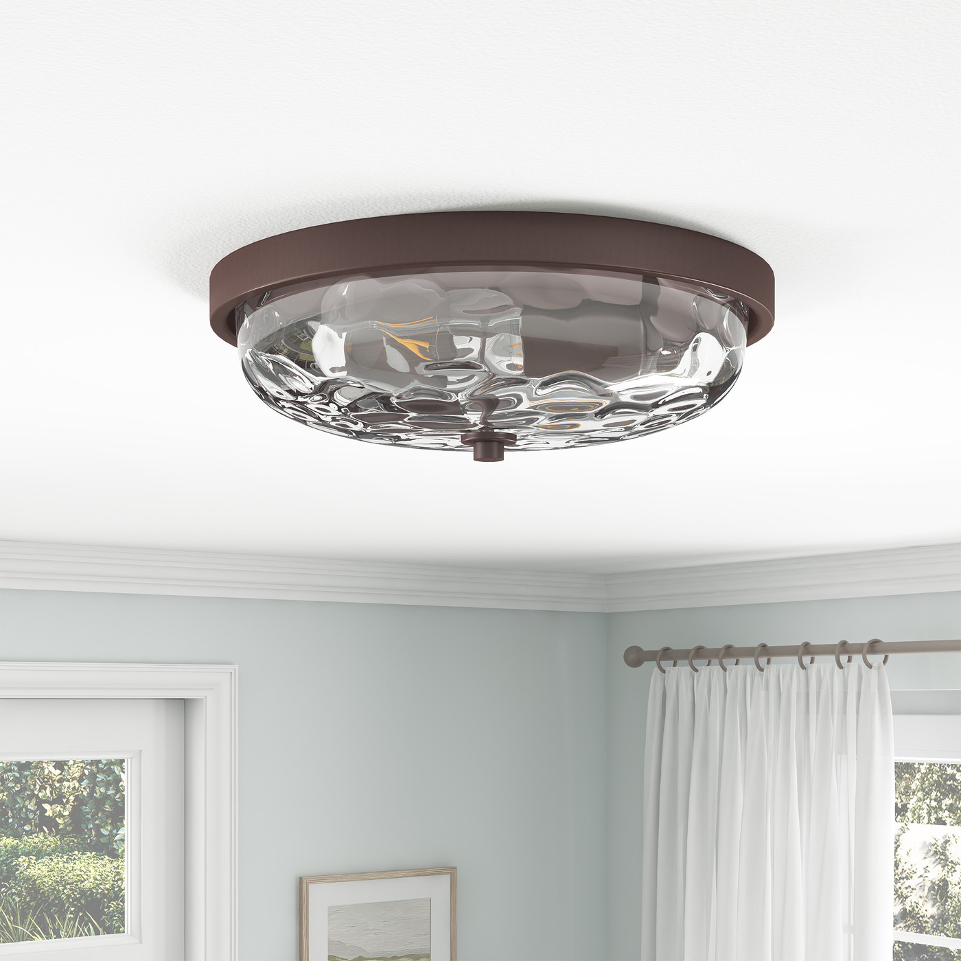 Aiwen 2-Light Bronze Ceiling Lamp Ripple Clear Glass Metal Flush Mount Light Fixture