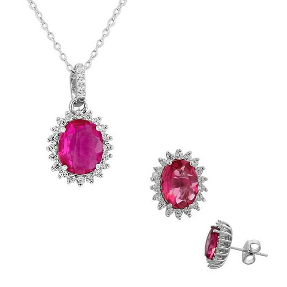 925 Sterling Silver Pink White CZ Oval Charm Womens Pendant Necklace Stud Earrings Set
