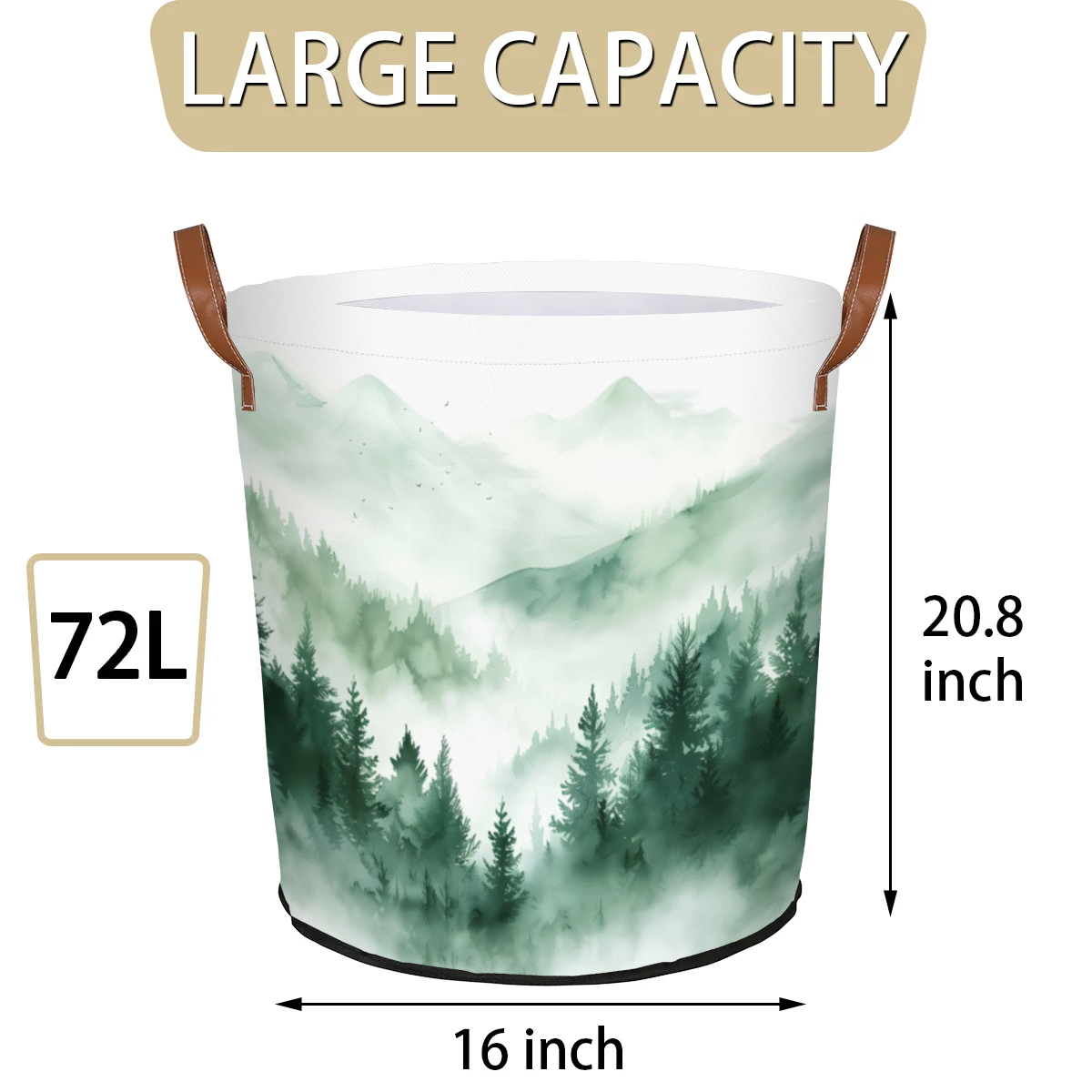 ADECORIVY Misty Forest Laundry Basket Mountain Waterproof Collapsible Hamper with Handles Oxford Cloth Dirty Clothes Tote for Bathroom, Bedroom, Living Room