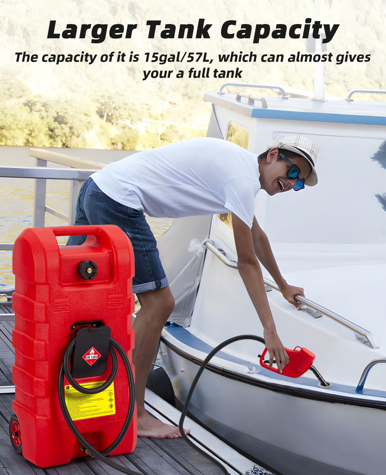 2025 New Fuel Caddy 15 Gallon, Portable Gasoline Tank Container With Manual Fuel Transfer Pump, 10ft Long Hose & Wheels, Portable Gas Tank for Cars, Lawn Mowers, Boats