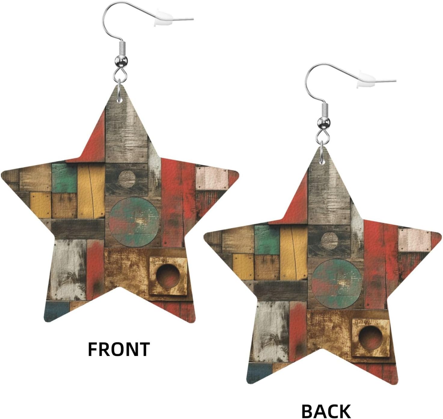 Colorful Wooden Best Blocks Earrings ideal for Women PU Leather Dangle Earrings, Lightweight Star Shape Leather Teardrop Dangly Ear Pendants Jewelry Gift[n335]