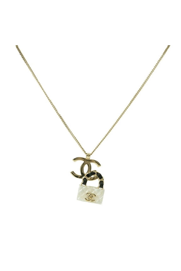 Pre-Owned CHANEL Necklace Pendant Bag Charm Coco Mark Gold White (Good)