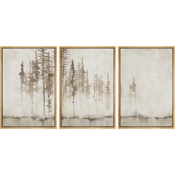 IDEA4WALL 3 Panels Framed Canvas Print Wall Art Set Pastel Grunge Forest Tree Landscape Abstract Shapes Illustration Modern Art Decorative Nordic Artwork Housewarming - 16"x24"x3 Panels Natural