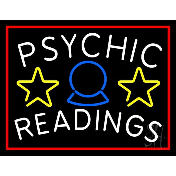 White Psychic Readings Red Border LED Neon Sign 24" Tall x 31" Wide - inches Black Square Cut Acrylic Backing, with Dimmer - Bright and Premium built indoor LED Neon Sign for Storefront.