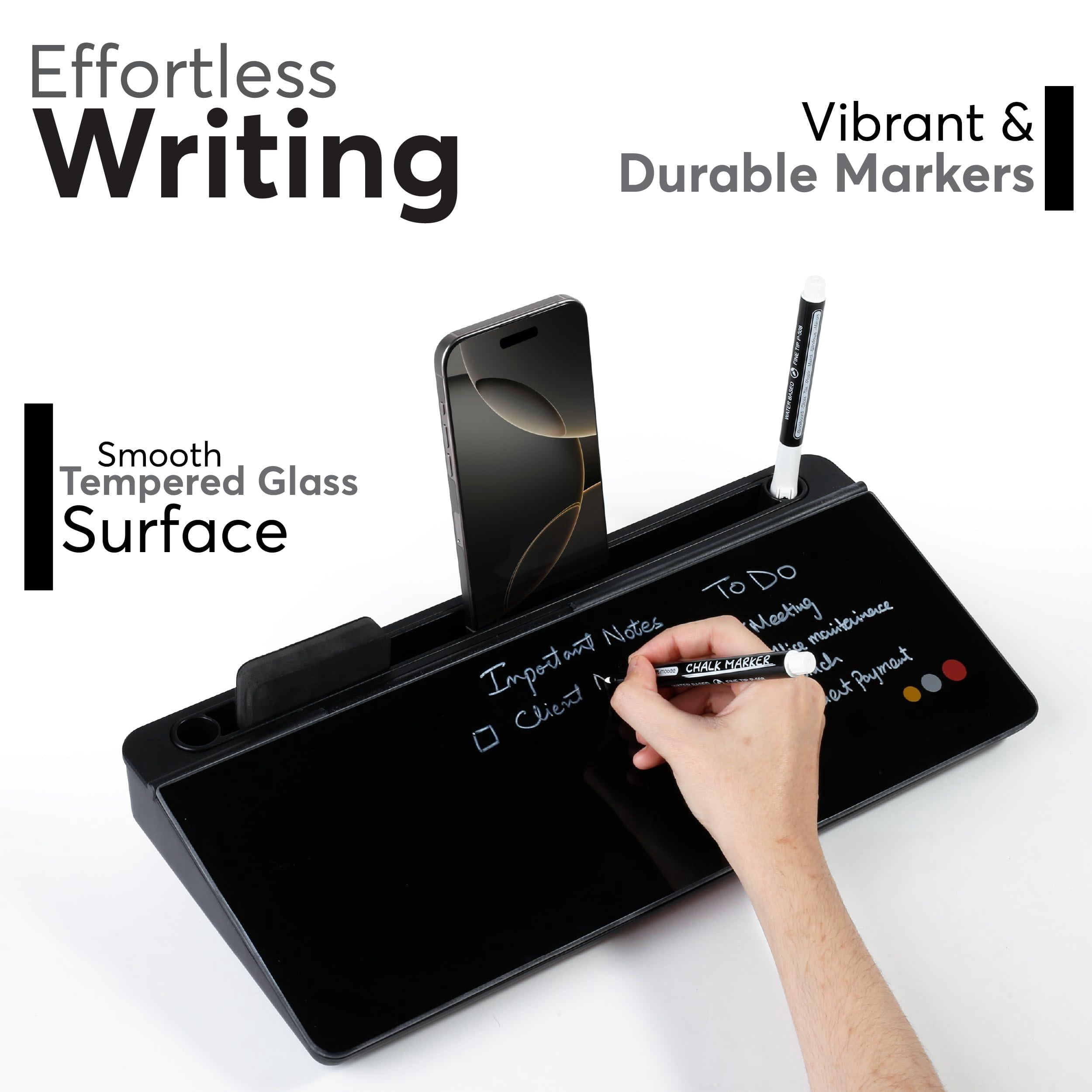Small Glass Desktop Whiteboard With Storage 15.3"x7.08"x2.16" Inch Dry Erase Board Markers & Duster  Desk White Buddy Organizer For Home Office School (black)