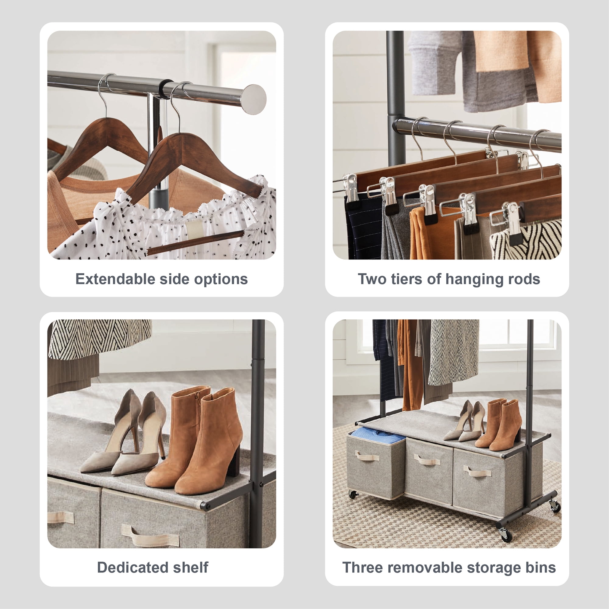 Better Homes & Gardens 2-Tier Metal Rolling Garment Rack with 3 Drawer Closet Organizer, Gray