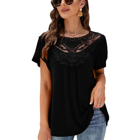 Summer Blouse for Women Lace Petal Sleeve Tops Short Sleeve Pleated Shirt Loose A Line Tshirts