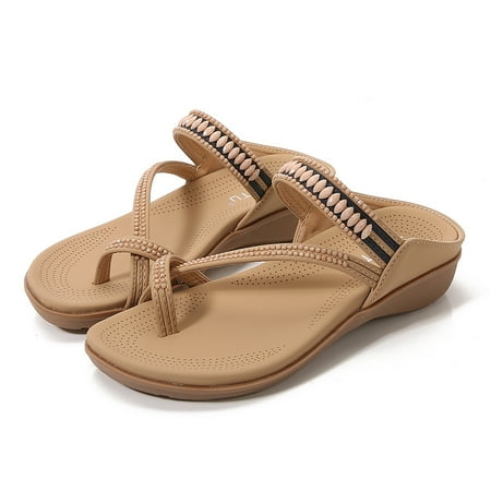 

Women‘s Beads Toe Loop Flat Slippers Lightweight Open Toe Non Slip Slides Shoes Casual Flip Flops