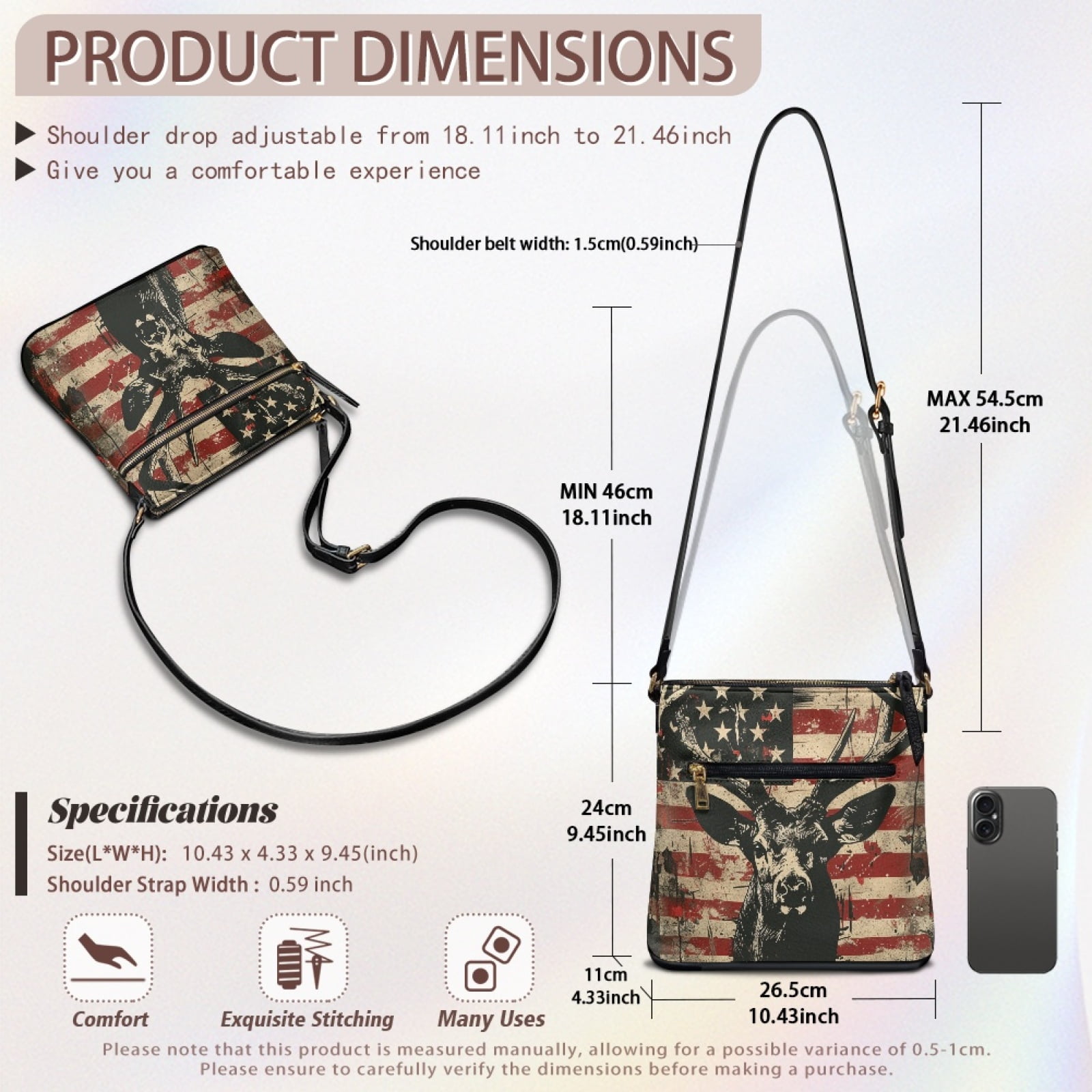 LedBack American Flag Deer Print Leather Satchel Bags for Women Medium Size Shoulder Handbag with Adjustable Strap, Crossbody Hobo Bag Multi Pocket Purse for Travel Work, Red