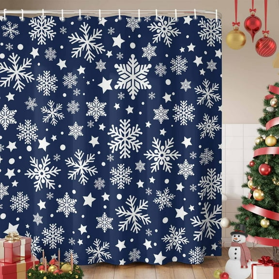Christmas Snowflakes Shower Curtain, Xmas Winter Watercolor Navy Blue Waterproof Fabric Shower Curtains with 12 Hooks, Bathroom Curtain Set for Bathroom Accessories Decor, 54 x 78Inches