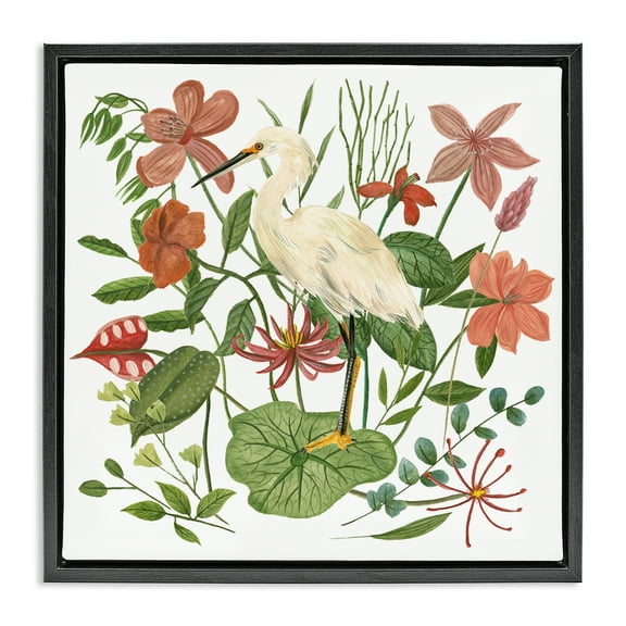 Stupell Industries Heron with Wild Florals Landscape Painting Black Floater Framed Canvas Art Print Wall Art, 18 x 18