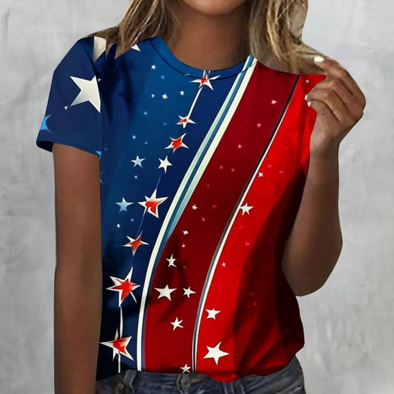 Cavosen Red White and Blue Tops for Women Petite Red White and Blue Short Sleeve Crewneck T Shirts USA Star Striped Graphic Tops Lady XL Patriotic Casual T Shirts Independence Day Tunic Tees