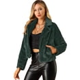 thumbnail image 1 of Abrigo mullido de piel sintética con solapa de muesca y chaqueta recortada para mujer Otoño Invierno Verde oscuro M, 1 of 6