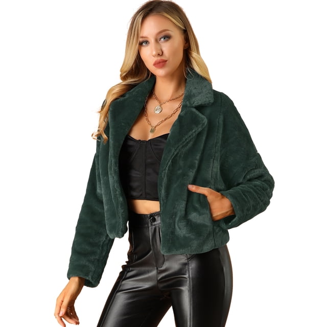 Abrigo mullido de piel sintética con solapa de muesca y chaqueta recortada para mujer Otoño Invierno Verde oscuro M