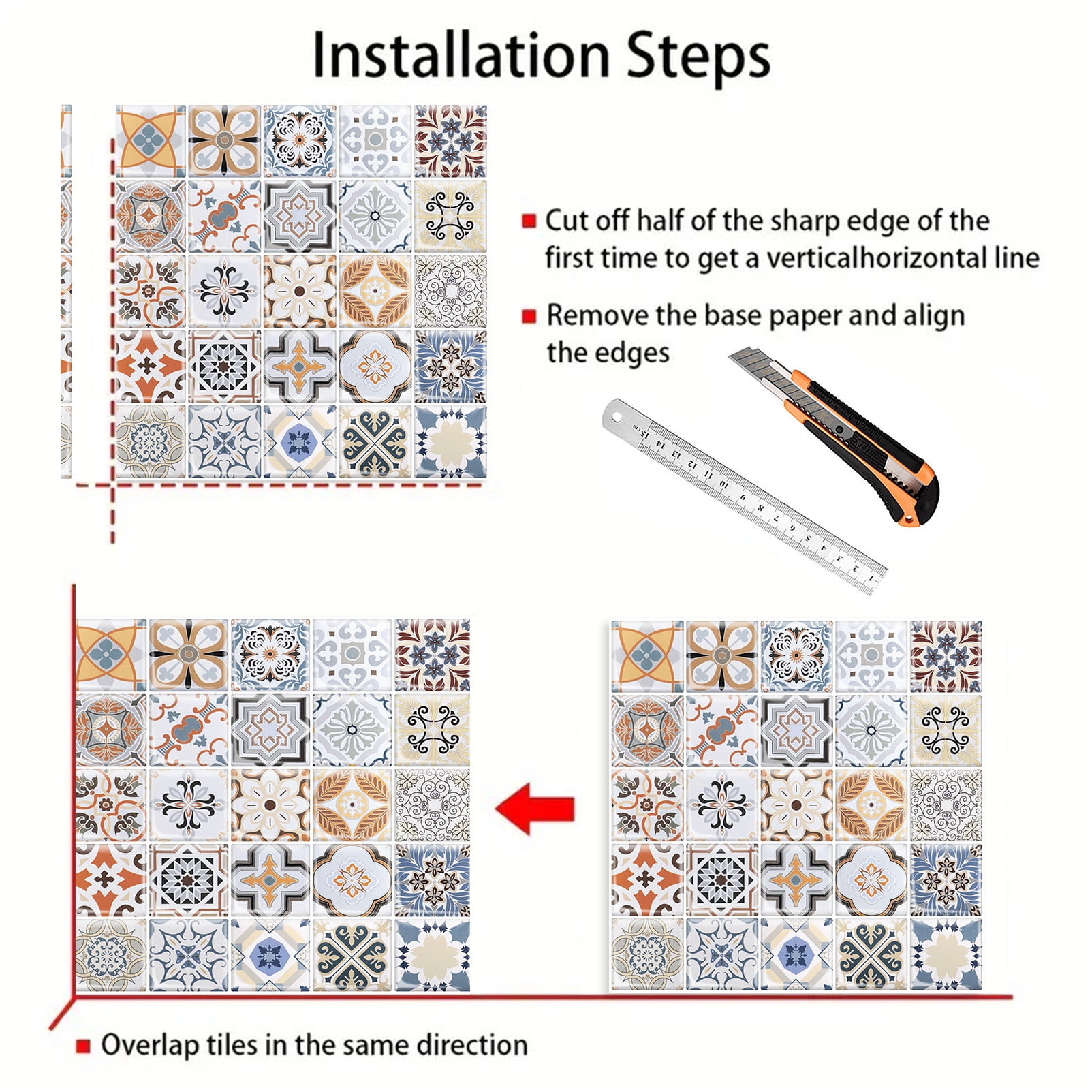 DEWOO 10PCS Mandala Tile Stickers, Peel and Stick Self Adhesive Removable Moroccan Tiles Backsplash Waterproof Oil Proof for Bathroom & Kitchen Wall Stickers Home Decor