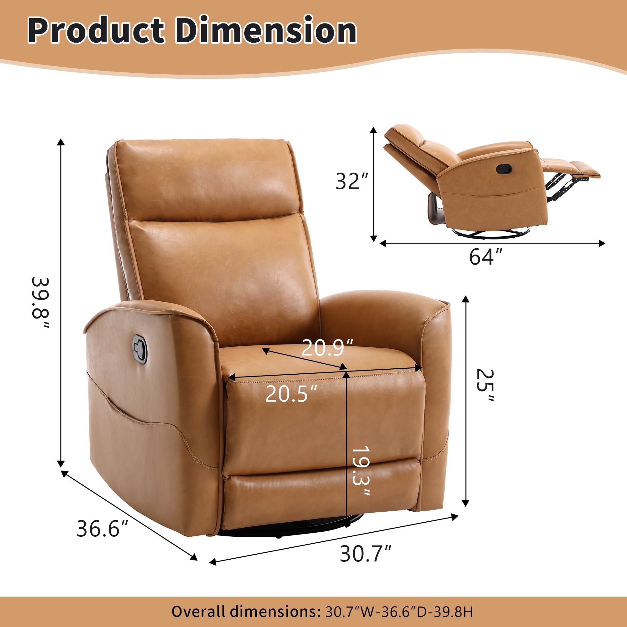 Ebello Manual PU Leather Swivel Rocker Recliner, Nursery Glider Chair with Padded Armrests & Backrest for Apartment, Living Room and Bedroom, Brown