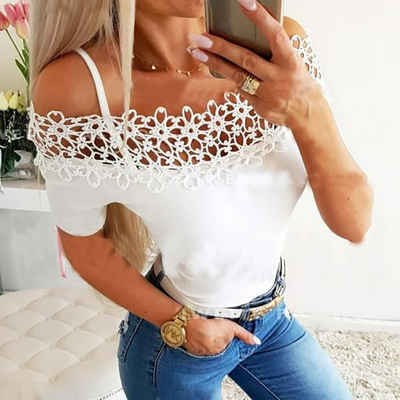 iHengLiXing Boat Neck Off Shoulder Tops for Women Ladies Summer Fashion Sexy One-Shoulder Solid Lace Hollow Patchwork Short Sleeve Top Blouses White XXL
