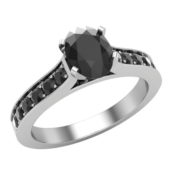 Black Diamond Engagement Ring for Women Oval 1.50 Carat 14K White Gold (Black, AAA)