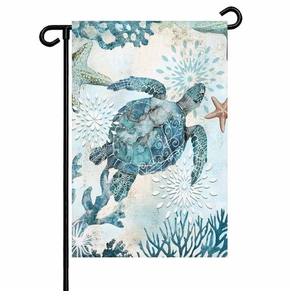 Blue Sea Turtle Starfish Garden Flags for Outside Summer Ocean Coastal Double Sided Yard Flags Outdoor House Decoration, Small 12X18 Inch,