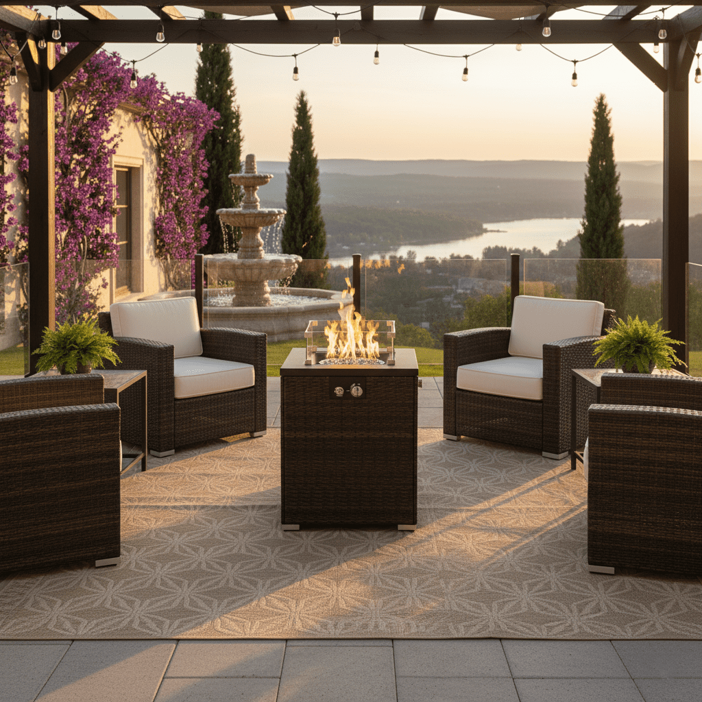 Harper & Bright Designs 24" Patio Steel Propane Fire Pit Table, 50000 BTU, Outdoor Square Gas Fire Pit with Glass Wind Guard, Wicker Firepit with Lid and Rain Cover for Garden Courtyard, Dark Brown