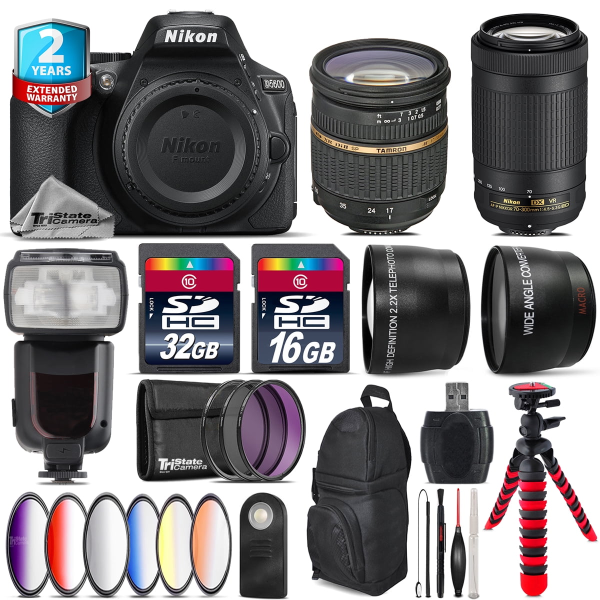 Nikon D5600 DSLR + 17-50mm f2.8 VC + AFP 70-300mm VR + Pro Flash