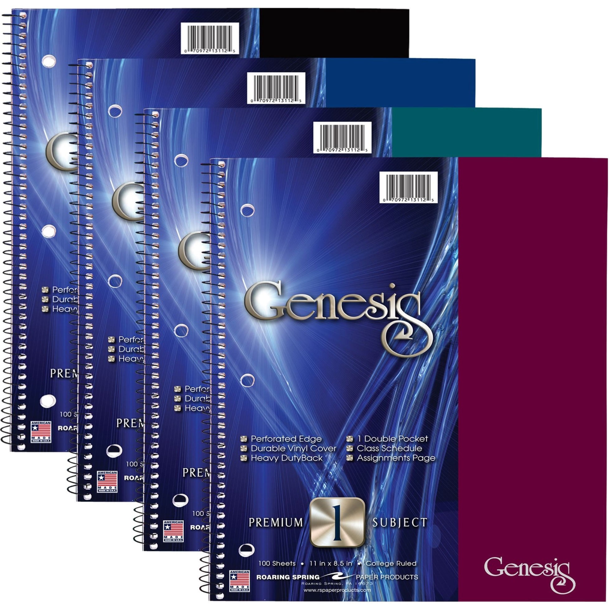 Roaring Spring Genesis College Ruled 1 Subject Spiral Notebook with Double Pocket, 1 Case (12 Total), 11" x 9" 100 Sheets, Assorted Colors