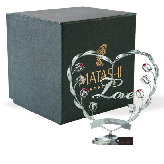 Matashi Chrome Plated Silver 8" Heart and Flower with Happy Birthday Banner Table Top Ornament with Crystals Love Ornamental, Keepsake and Decor, Gorgeous Decoration
