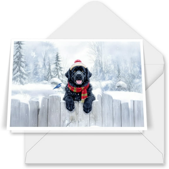 Playful Newfoundland Welcomes Winter Snowy Day with Cardinal Bird 7x5in Folded Greeting Card Newfie Dog Lover Gifts Single Note Card with Envelope - 2017