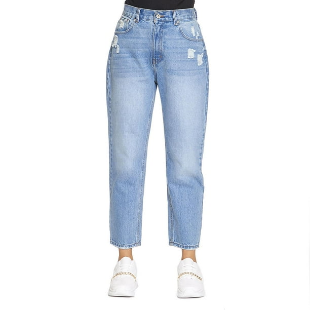 Jeans Mom Fit Tiro Alto Rasgado Para Mujer Moda Casual Juvenil Stone 110107 azul 5 INCÃGNITA 110107