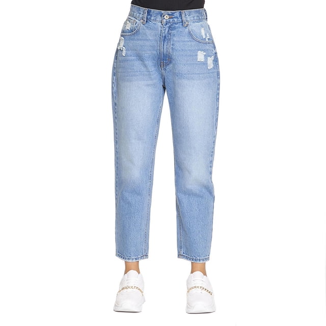 Jeans Mom Fit Tiro Alto Rasgado Para Mujer Moda Casual Juvenil Stone 110107 azul 5 INCÃGNITA 110107