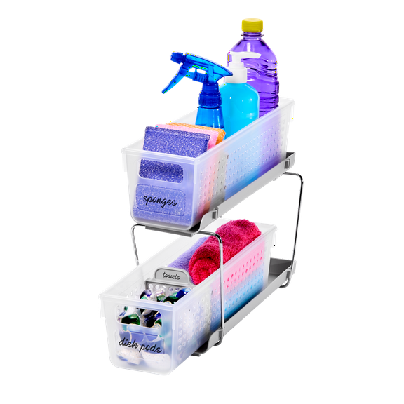 madesmart 2-Tier Plastic Mini Multipurpose Organizer with Divided Slide-Out Storage Bins, Compact Under Sink and Cabinet Organizer Rack, BPA-Free, Frost