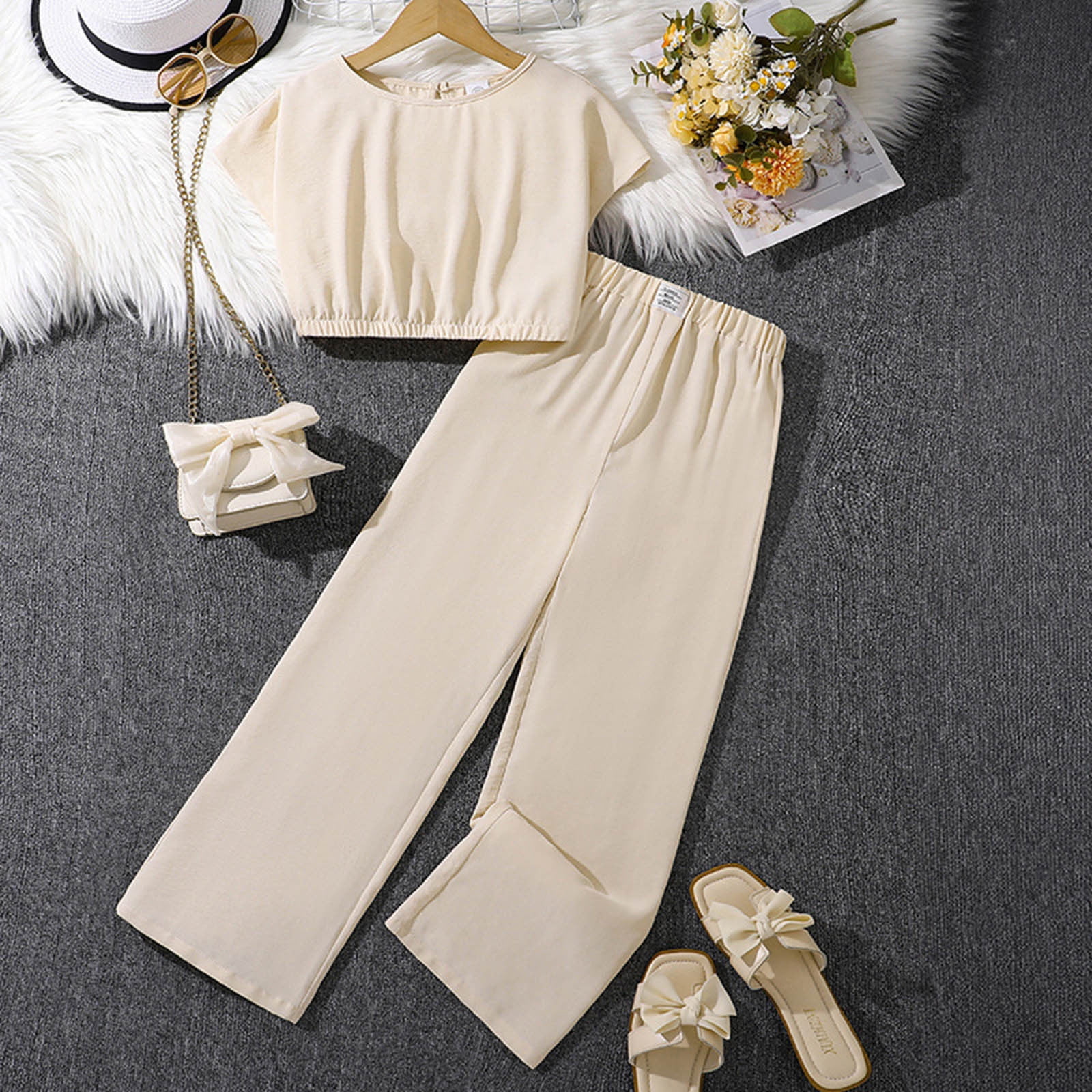 REDARER Girls Summer Outfit Casual Elastic Waist Short Sleeve Crop Top Wide Leg Pants 2 Piece Set,10-11 Years