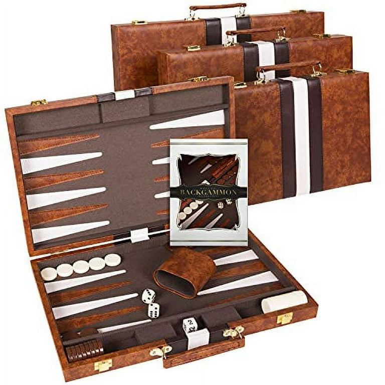 Crazy Games Backgammon Set - Classic Medium Brown 15 Inch Backgammon Sets  for Adults Board Game with Premium Leather Case - Best Strategy & Tip Guide 