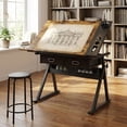 thumbnail image 2 of Height Adjustable Drafting Table 0°-75° Tilt with Stool, 38.6" Artist Drawing Desk w/ 2 Storage Drawers & Shelf for Home Office Art Craft, 2 of 8