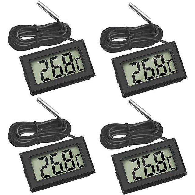 Mini LCD Digital Thermometer with Waterproof External Probe, Suitable for Refrigerators, Freezers, Aquariums (4x Black)