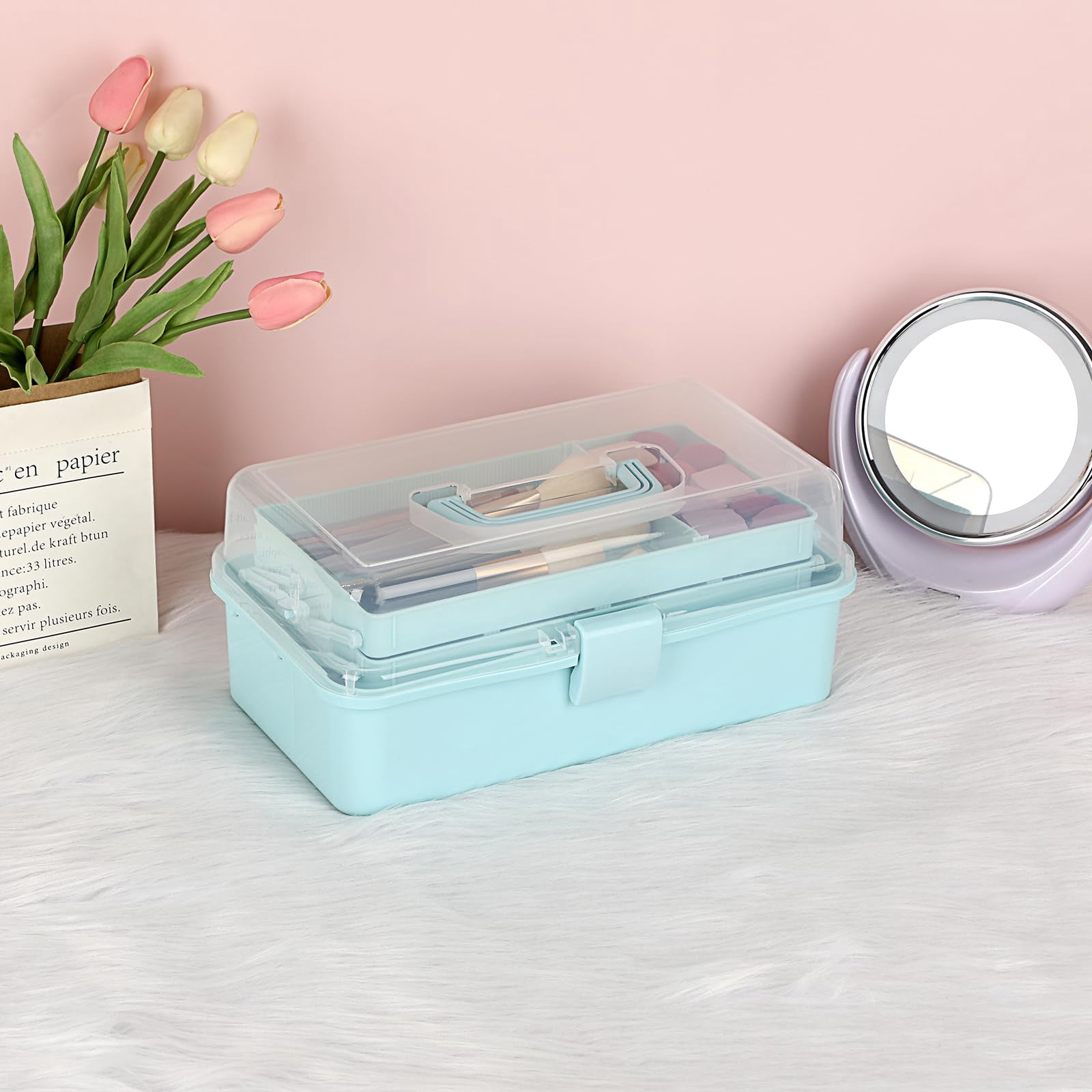 3-layer Plastic Dividing Storage Box Craft Organizer And With Adjustable Spacers Portable Handled Art Supply Multipurpose Home Utility For  Sewing(blue)