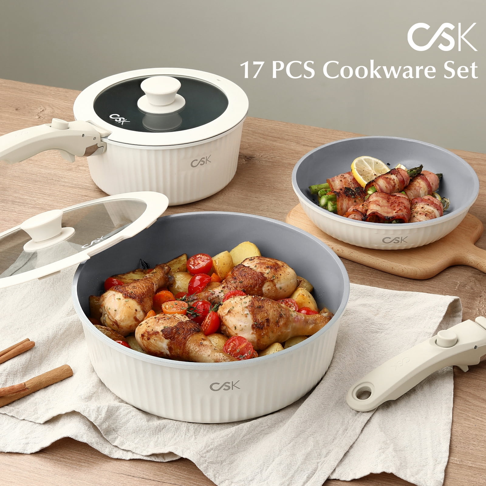 Koch Systeme CS 17-Piece Pots and Pans Set Non Stick, Nonstick Ceramic Cookware Set Detachable Handle, Induction Kitchen Pot and Pan Set, Non Stick with Removable Handle, RV Cookware Set, Cream White