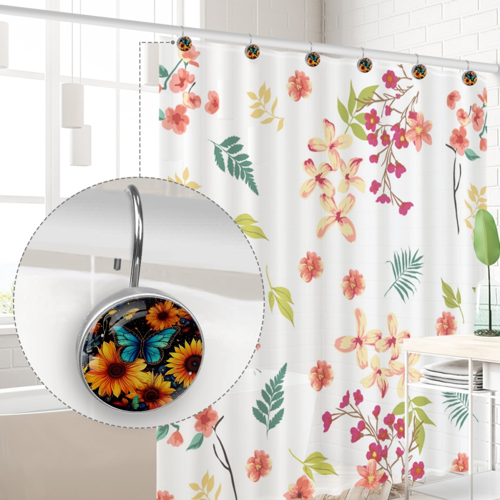 HemaKayy 12 Pcs Decorative Shower Curtain Hooks - Stainless Steel Rings for Bathroom Décor - Easy Glide & Secure Hold - Perfect Decoration for Bathroom Shower Rods - Mysteriou Butterfly