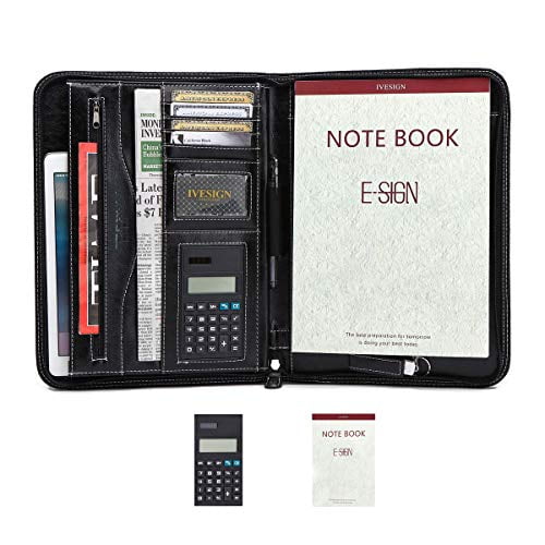 IVESIGN Portfolio Organizer Folder Faux Leather Business Padfolio with Calculator and Writing Pad, Professional Interview Padfolio with Zippered Closure, Interior 10.1 Inch Tablet Sleeve Black
