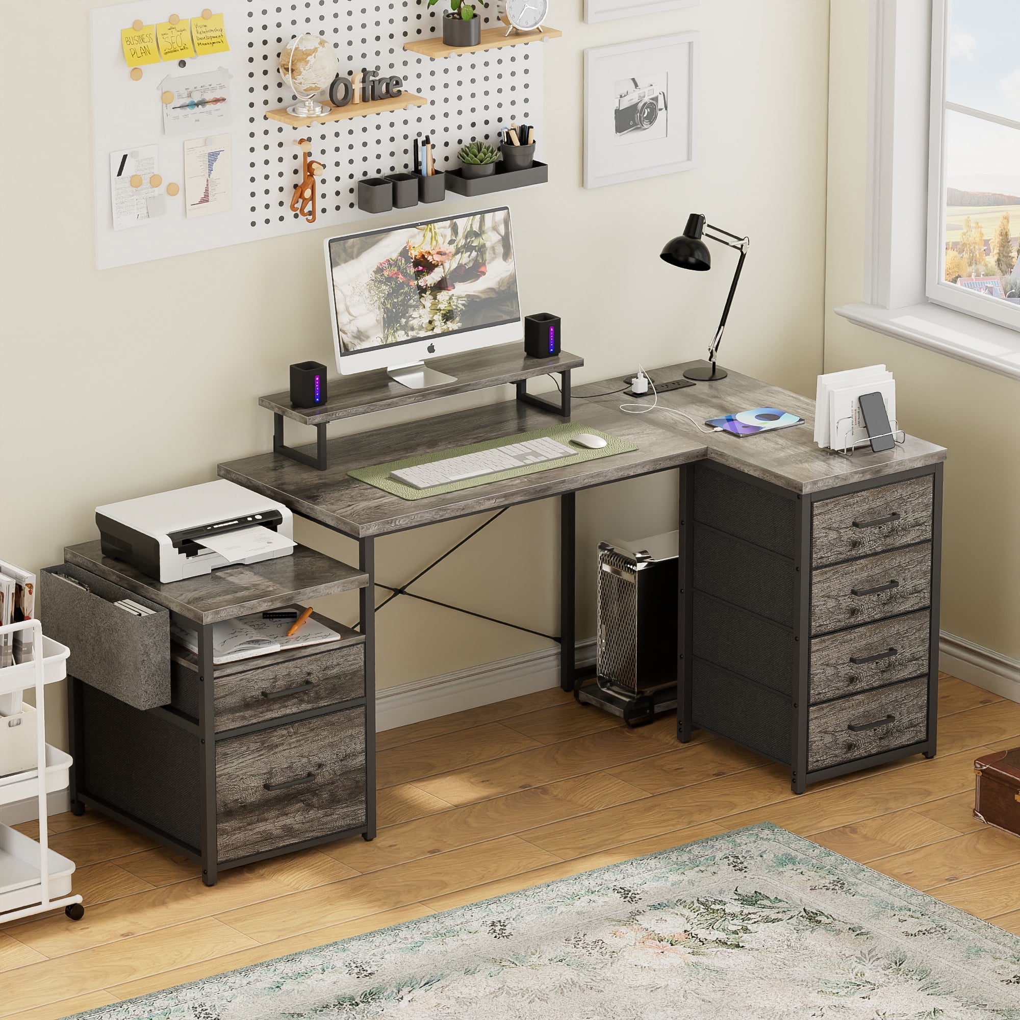 Homieasy Reversible L Shaped Computer Desk with Fabric File Drawers, 70.8" Large Office Desk with RGB LED Lights & Power Outlets & Monitor Stand & CPU Stand, Sturdy Corner Gaming Desk, Black Oak