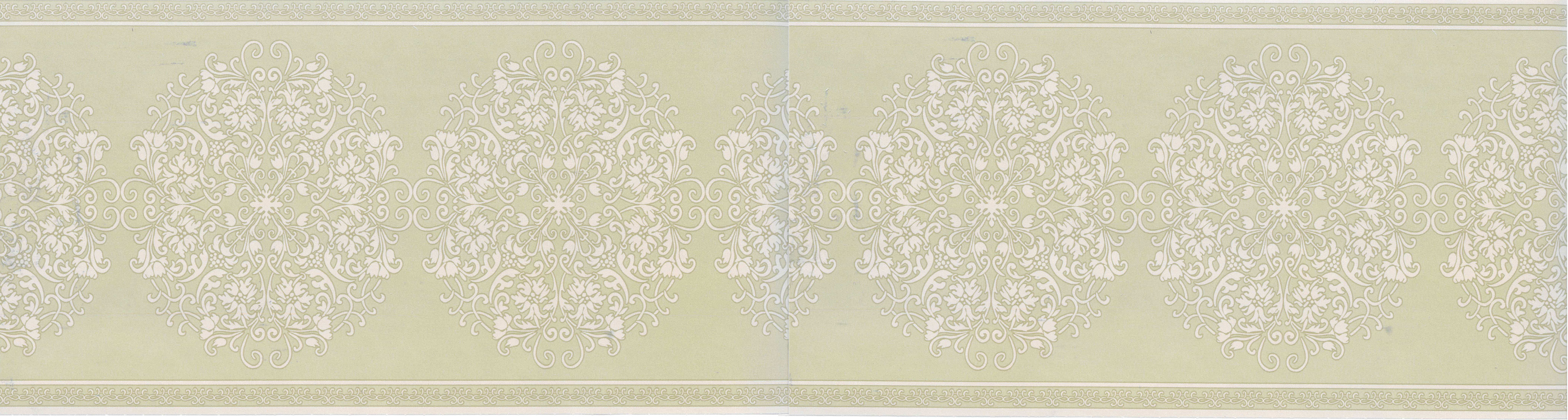 Prepasted Wallpaper Border Damask Olive Green, Beige Scrolls Wall Border Retro Design, 15 ft x