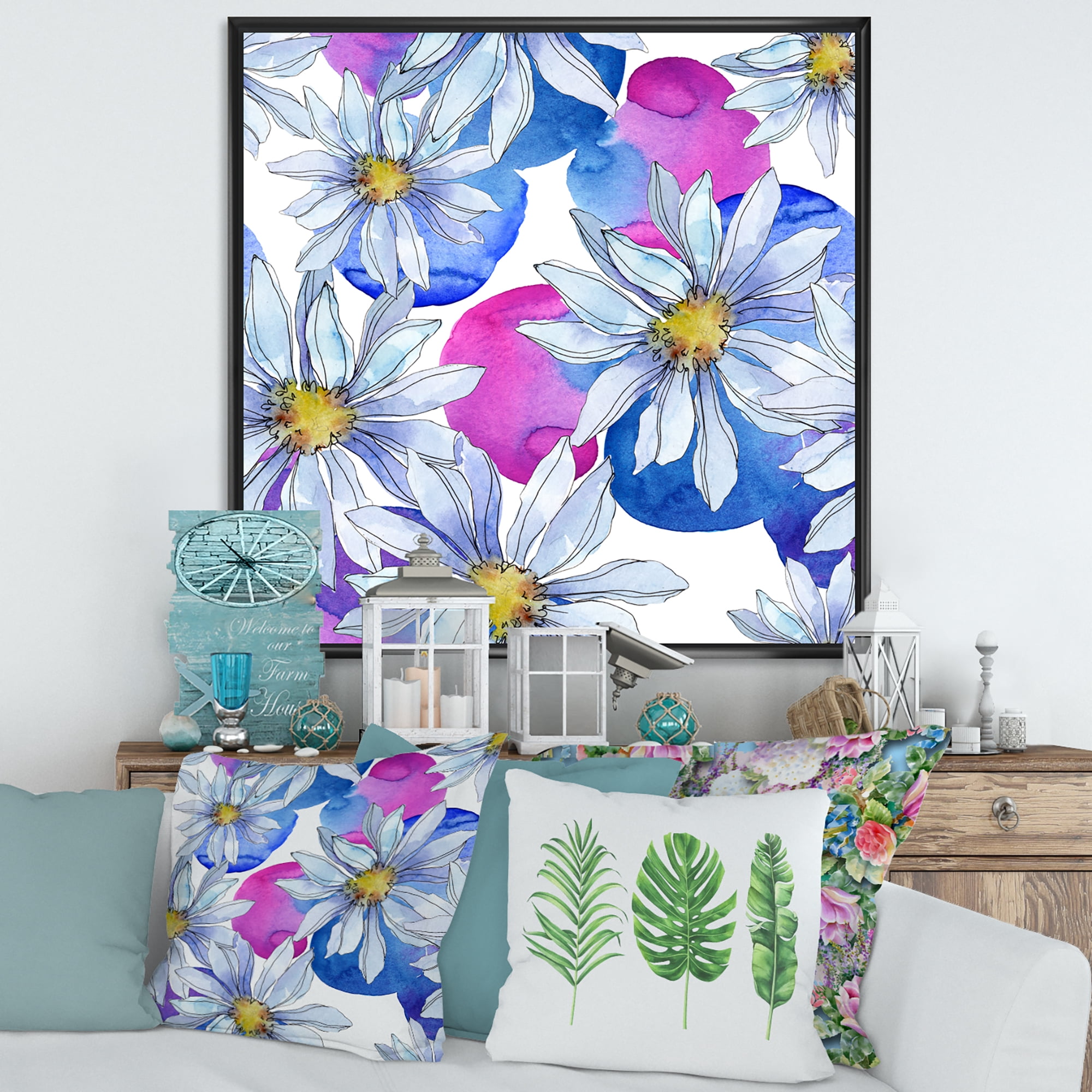 Designart 'Daisies On Red and Blue Backgorund' Traditional Framed Canvas Wall Art Print