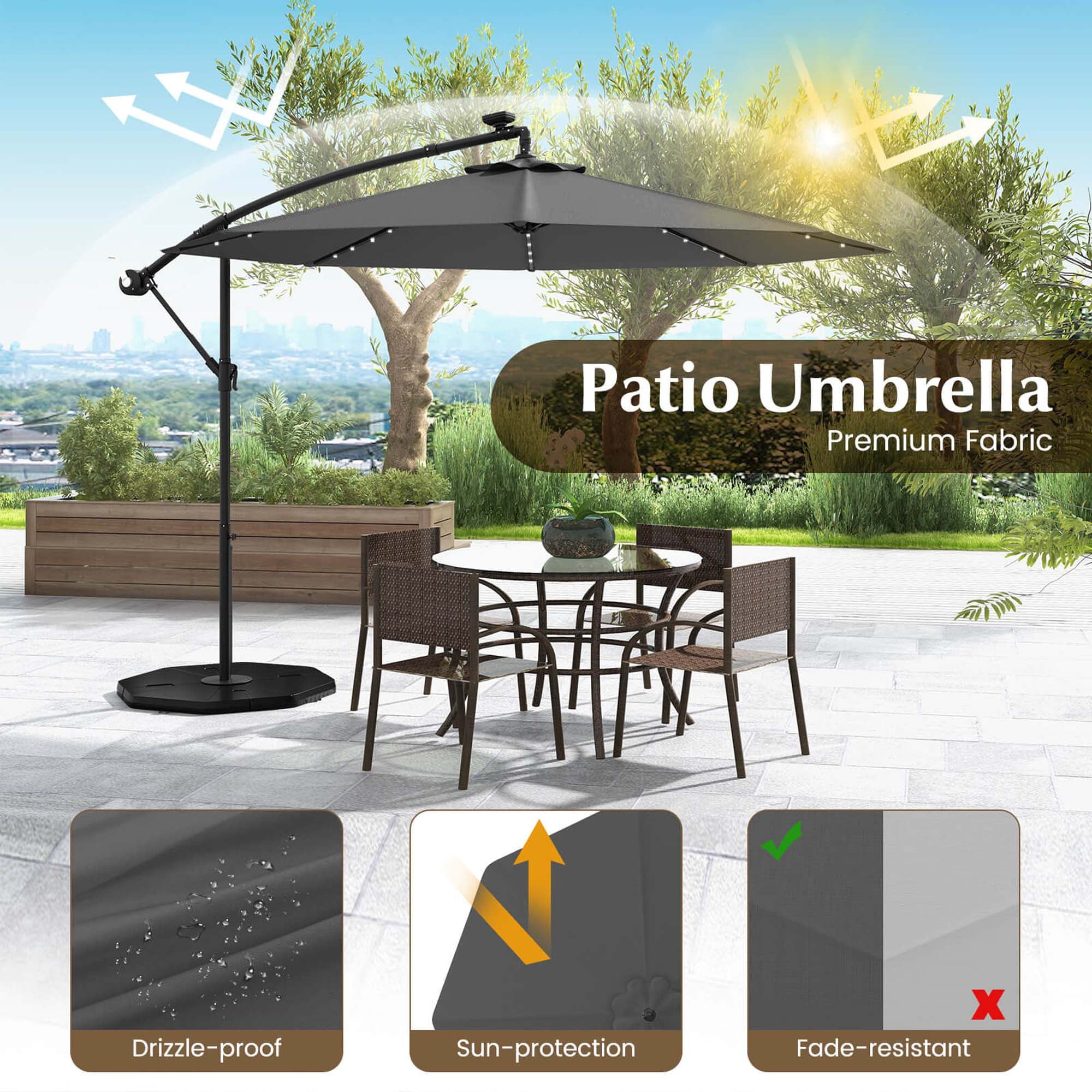 Costway 10 Ft Patio Solar LED 40 Lights Offset Umbrella Crank Cross Base Gray