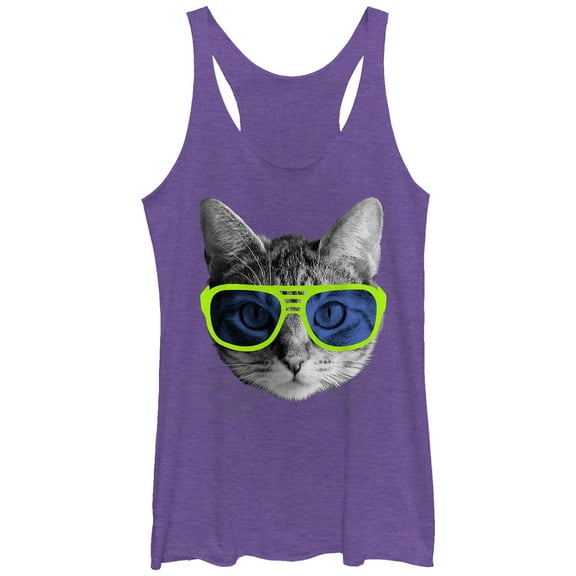 Women's Lost Gods Cool Cat in Sunglasses  Racerback Tank Top Purple Heather X Large