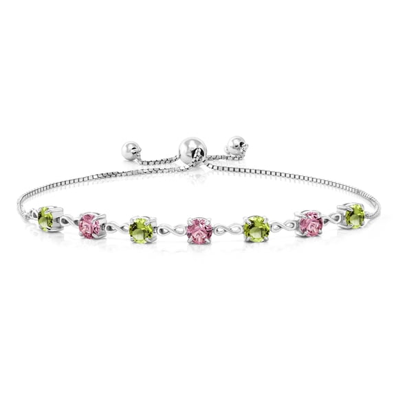 Gem Stone King 925 Sterling Silver Green Peridot and Pink Lab Grown Diamond Infinity Tennis Bracelet for Women (2.88 Cttw, Gemstone August Birthstone, Round 4.5MM, Fully Adjustable up to 9 inch)