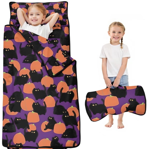 Purple Halloween Black Cats and Pumpkins Toddler Nap Mats for Kids Preschool,50"x20" Sleeping Mat Bag or Kids,Toddler Sleeping Bag,Toddler Nap Mat or Daycare